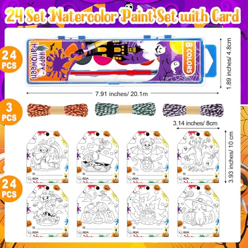 Marspark 24 Set Halloween Watercolor Paint Set with Card Brushes Halloween Crafts Party Favor Kindergarten School Student Exchanges Gifts Ghost Pumpkin Washable Water Color Painting - Image 3