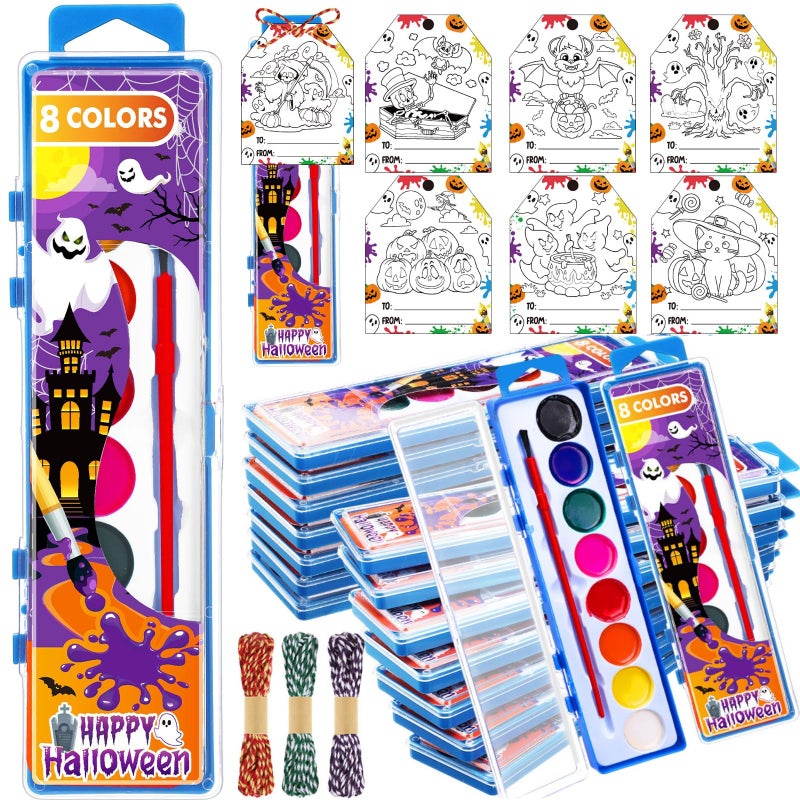 Marspark 24 Set Halloween Watercolor Paint Set with Card Brushes Halloween Crafts Party Favor Kindergarten School Student Exchanges Gifts Ghost Pumpkin Washable Water Color Painting - Image 2