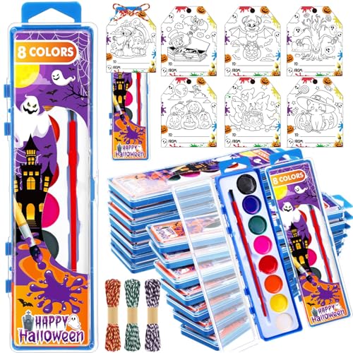 Marspark 24 Set Halloween Watercolor Paint Set with Card Brushes Halloween Crafts Party Favor Kindergarten School Student Exchanges Gifts Ghost Pumpkin Washable Water Color Painting - Image 1