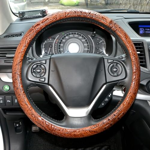 ZYHW Car Steering Wheel Cover Universal 15 inch Auto Antislip Leather Protector Flower Grain Brown - Image 3