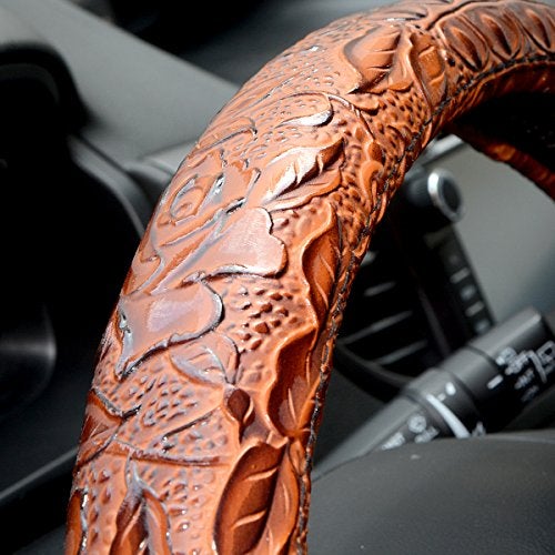 ZYHW Car Steering Wheel Cover Universal 15 inch Auto Antislip Leather Protector Flower Grain Brown - Image 2