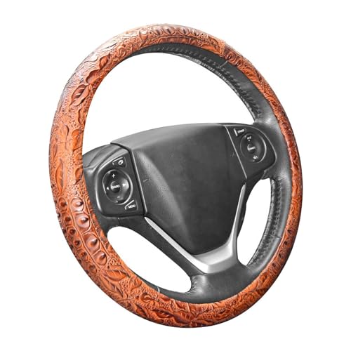 ZYHW Car Steering Wheel Cover Universal 15 inch Auto Antislip Leather Protector Flower Grain Brown - Image 1