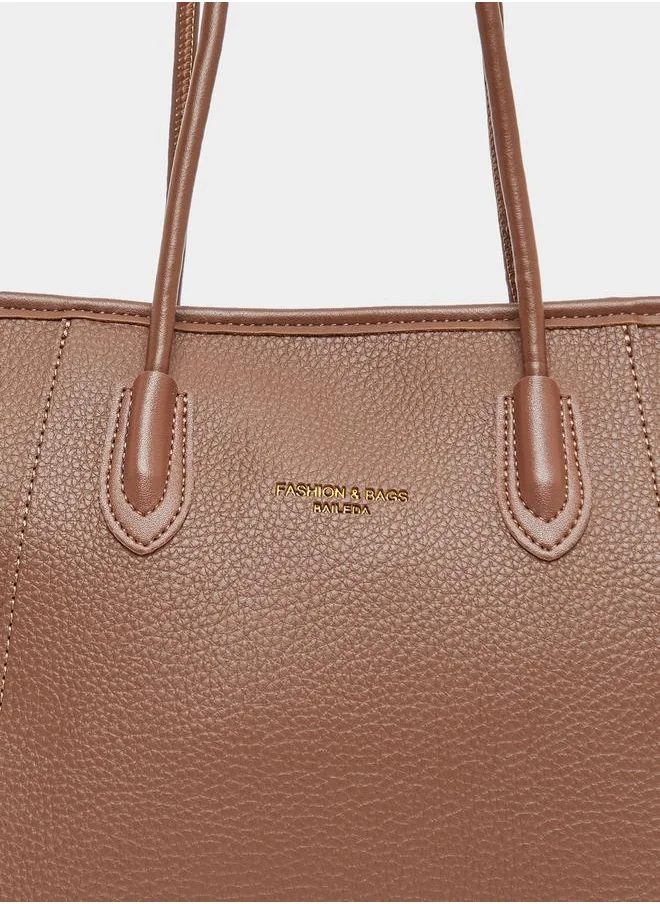 Styli Textured Shoulder Bag with Zip Closure