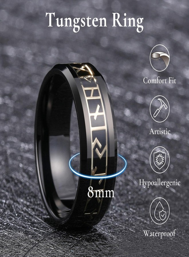 King Will Tungsten Carbide Wedding Band for Men 8mm Black Plated High Polished Inlay Gold Norse Viking Rune Rings for Any Ocassion Ring Comfort Fit Size 11 - Image 2