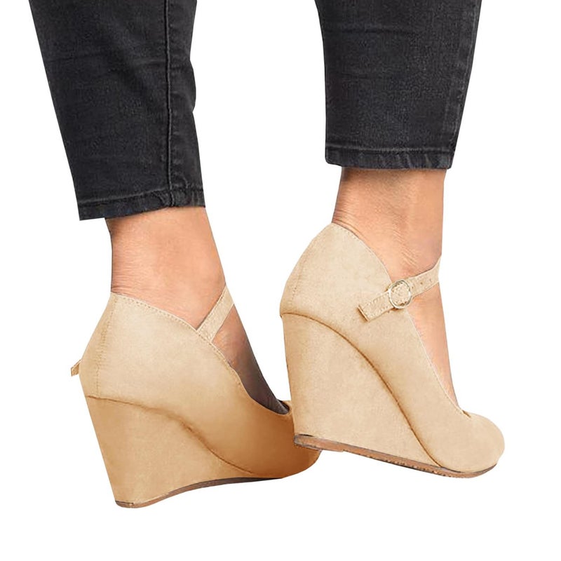 Coutgo Womens Wedge Pumps Dressy Mary Jane Shoes Comfort Wedges Closed Toe Ankle Strap Heeled Shoes Nude - Image 5