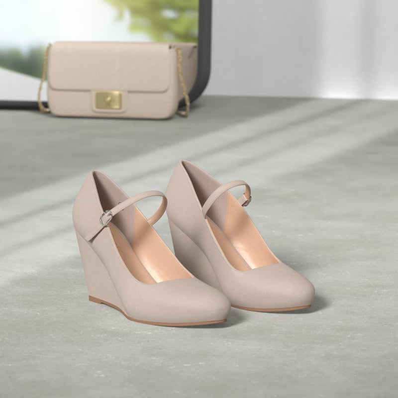 Coutgo Womens Wedge Pumps Dressy Mary Jane Shoes Comfort Wedges Closed Toe Ankle Strap Heeled Shoes Nude - Image 3