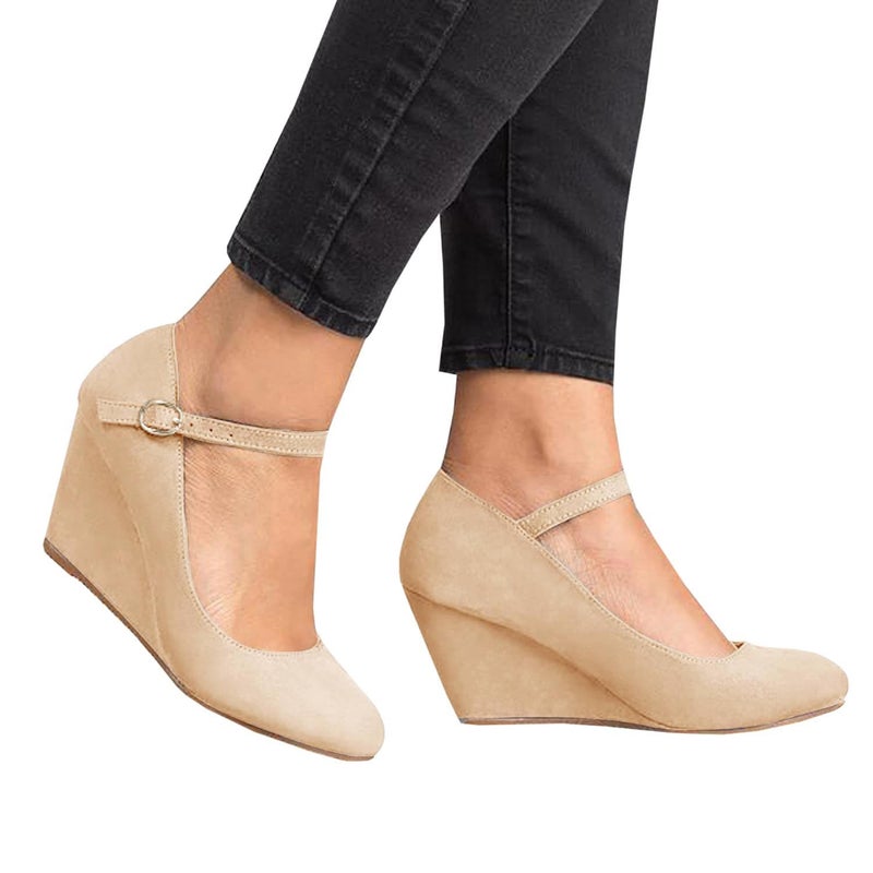 Coutgo Womens Wedge Pumps Dressy Mary Jane Shoes Comfort Wedges Closed Toe Ankle Strap Heeled Shoes Nude - Image 2