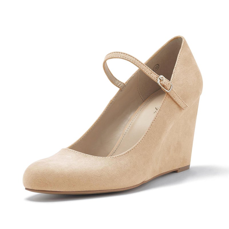 Coutgo Womens Wedge Pumps Dressy Mary Jane Shoes Comfort Wedges Closed Toe Ankle Strap Heeled Shoes Nude - Image 4