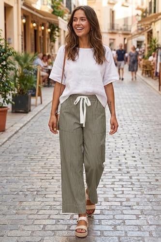 Acelitt Women Casual Fashion 2026 Fall Striped Pants Elastic Waist High Waisted Wide Leg Linen Pants Trousers Khaki XL - Image 3