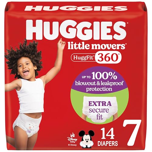 Huggies Size 7 Baby Diapers, Little Movers HuggFit 360° Baby Diapers with 360° Waistband, Size 7 (41+ lbs), 14 Count, Packaging May Vary - Image 1