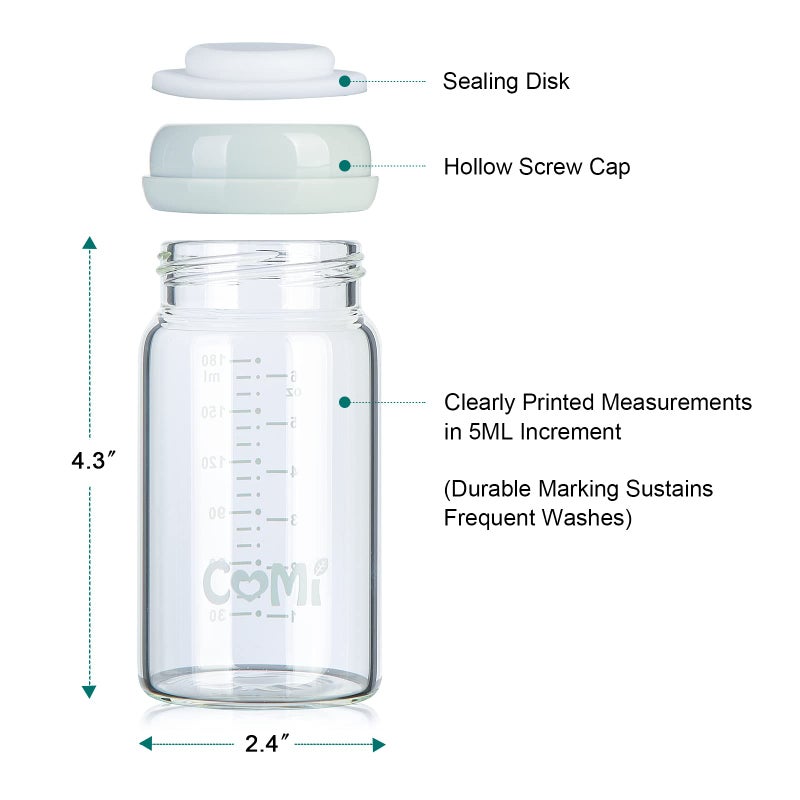 COMI Wide Neck Glass Breastmilk Collection n Storage Bottle, 6oz with Screw Ring Sealing Disk; Re-markable Sealing Disc. BPA Free, Fits Breast Pumps & Nipples (2 Pack Gray Lids) - Image 3