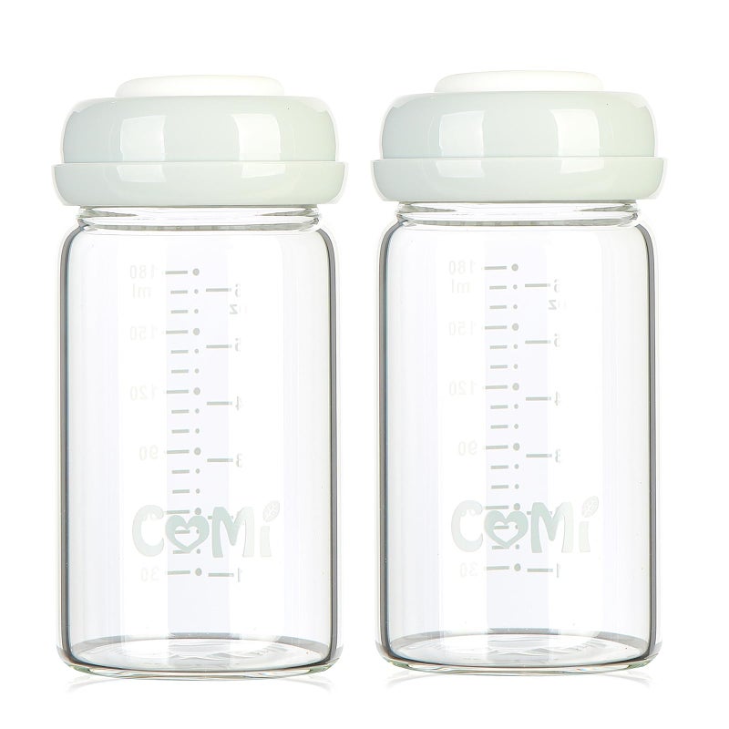 COMI Wide Neck Glass Breastmilk Collection n Storage Bottle, 6oz with Screw Ring Sealing Disk; Re-markable Sealing Disc. BPA Free, Fits Breast Pumps & Nipples (2 Pack Gray Lids) - Image 1