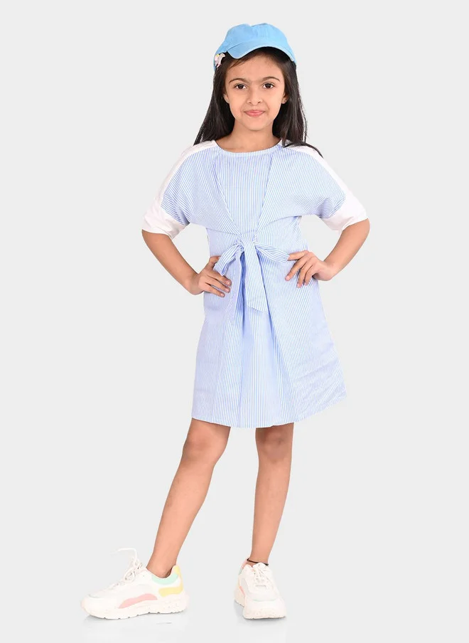 بونكيدز BONKIDS Girls Round Neck A-Line Striped Dress