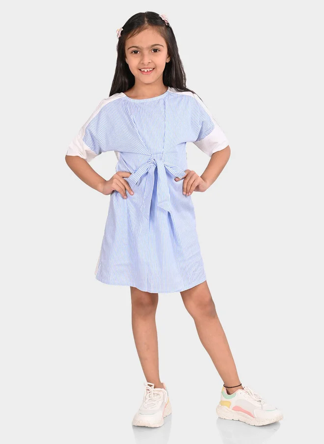 بونكيدز BONKIDS Girls Round Neck A-Line Striped Dress