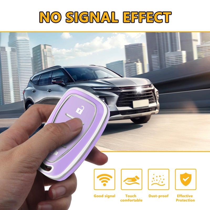 FT FUNTOR for Chevy Key Fob Cover,4 Buttons TPU Key Cover with Silver Edge,Compatible with Chevrolet Equinox Bolt Sonic Trax Blazer Trailblazer Cruze Traverse Volt with Keychain (B-Purple) - Image 3
