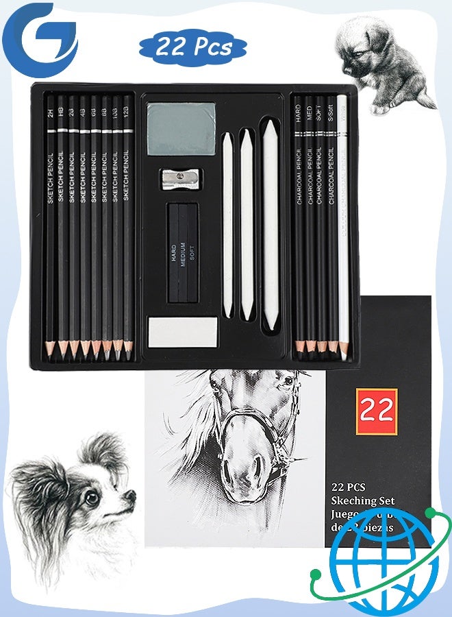 MXN 22-Piece Drawing Sketching Pencil Set with Charcoal Pencils Charcoal Sticks Stumps Eraser and Sharpeners - Pro Artist Sketch Kit for Sketching, Shading, Art Drawing Supplies for Beginners & Pro Artists - Image 1