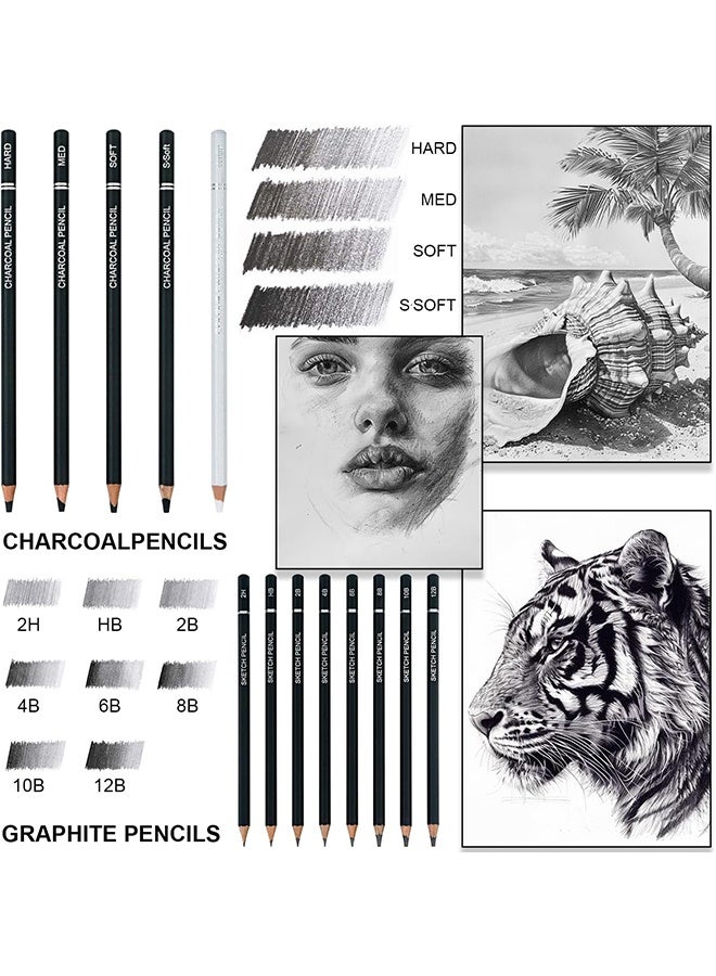 MXN 22-Piece Drawing Sketching Pencil Set with Charcoal Pencils Charcoal Sticks Stumps Eraser and Sharpeners - Pro Artist Sketch Kit for Sketching, Shading, Art Drawing Supplies for Beginners & Pro Artists - Image 2