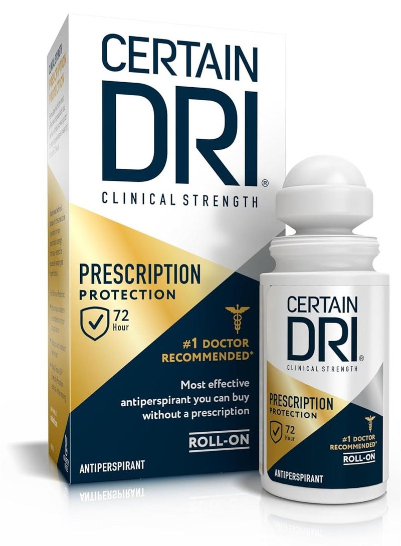 Certain Dri Prescription Strength Clinical Antiperspirant Roll-On Deodorant, Hyperhidrosis Treatment for Men & Women, Long-Lasting 72hr Protection, Effective Sweat Control, Fragrance Free, 1.2 Fl oz