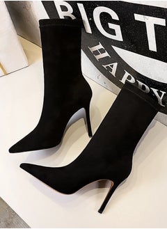 BIGTREE Fashion Simple Pedicure High Heel Suede Pointed Slimming Ankle Boots Black  - Image 3