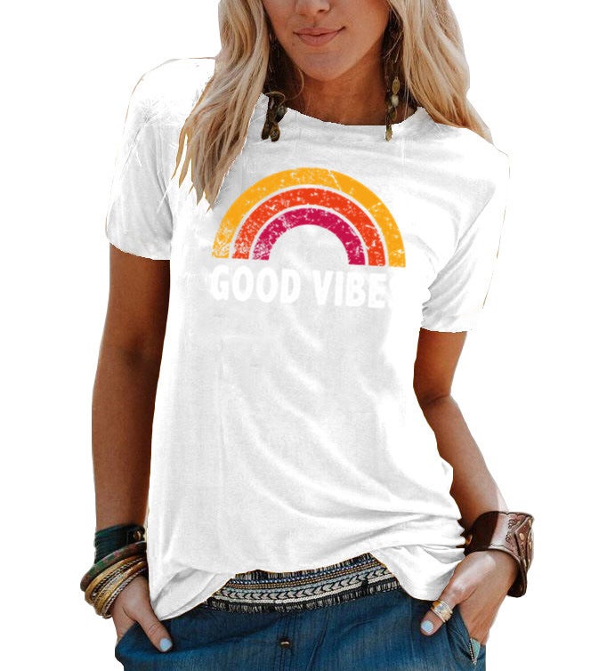 summer Women's T-shirt GOOD VIBES letter print round neck fashion short sleeve - Image 1