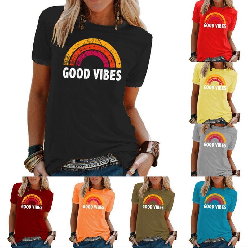 summer Women's T-shirt GOOD VIBES letter print round neck fashion short sleeve - Image 2