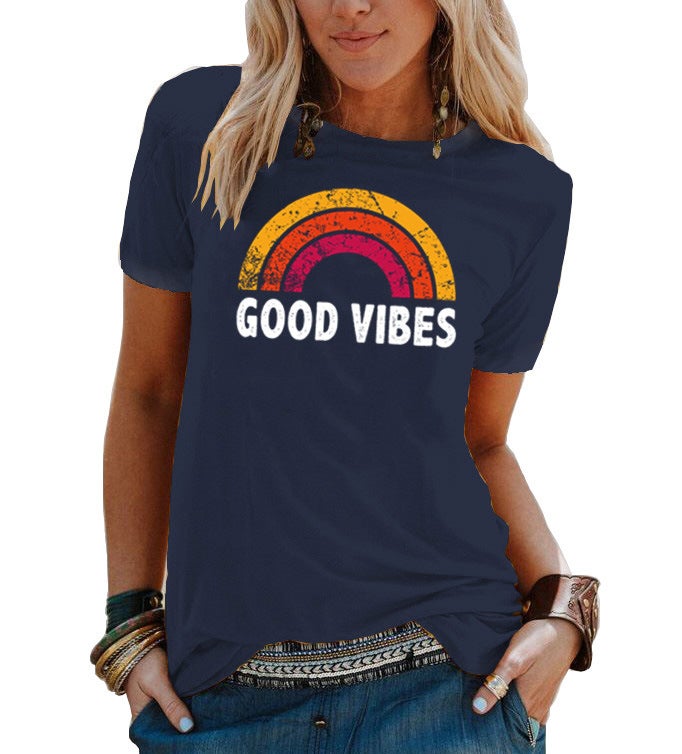 summer Women's T-shirt GOOD VIBES letter print round neck fashion short sleeve - Image 4