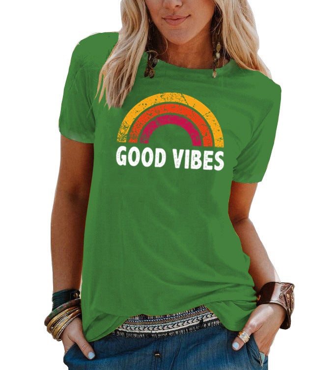 summer Women's T-shirt GOOD VIBES letter print round neck fashion short sleeve - Image 5