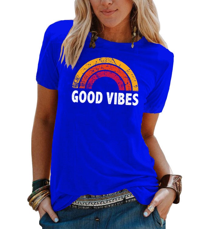 summer Women's T-shirt GOOD VIBES letter print round neck fashion short sleeve - Image 3