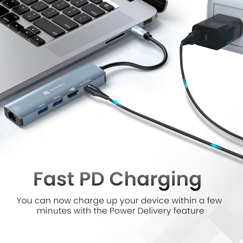 Portronics Mport 51 5-in-1 Type C HUB/Docking Station with RJ 45 Ethernet Port, 5Gbps Data Transfer, HDMI Port, USB 3.0, PD Quick Charge, 4K Ultra HD Data Quality(Grey) - Image 5