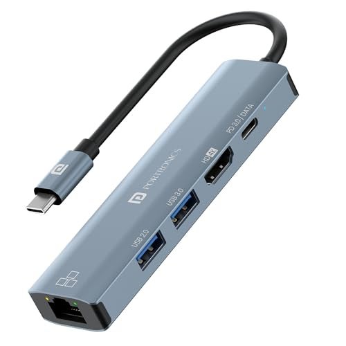 Portronics Mport 51 5-in-1 Type C HUB/Docking Station with RJ 45 Ethernet Port, 5Gbps Data Transfer, HDMI Port, USB 3.0, PD Quick Charge, 4K Ultra HD Data Quality(Grey) - Image 1