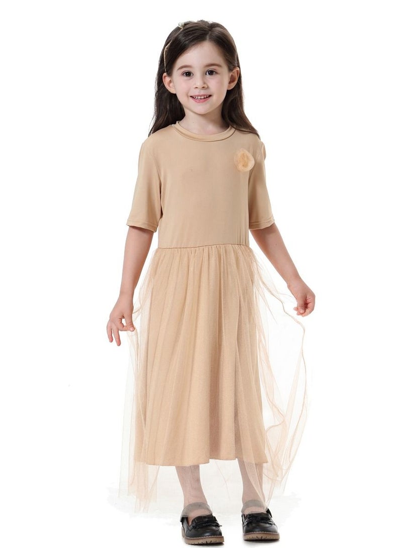 إسكدنيا Girl's Highly Elastic Solid Color Short Sleeve Mesh Dress Khaki  - Image 1