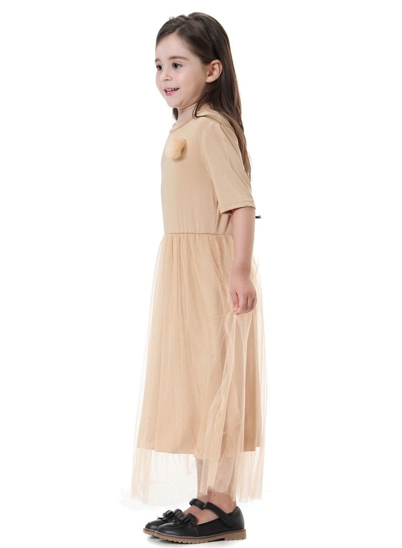 إسكدنيا Girl's Highly Elastic Solid Color Short Sleeve Mesh Dress Khaki  - Image 2