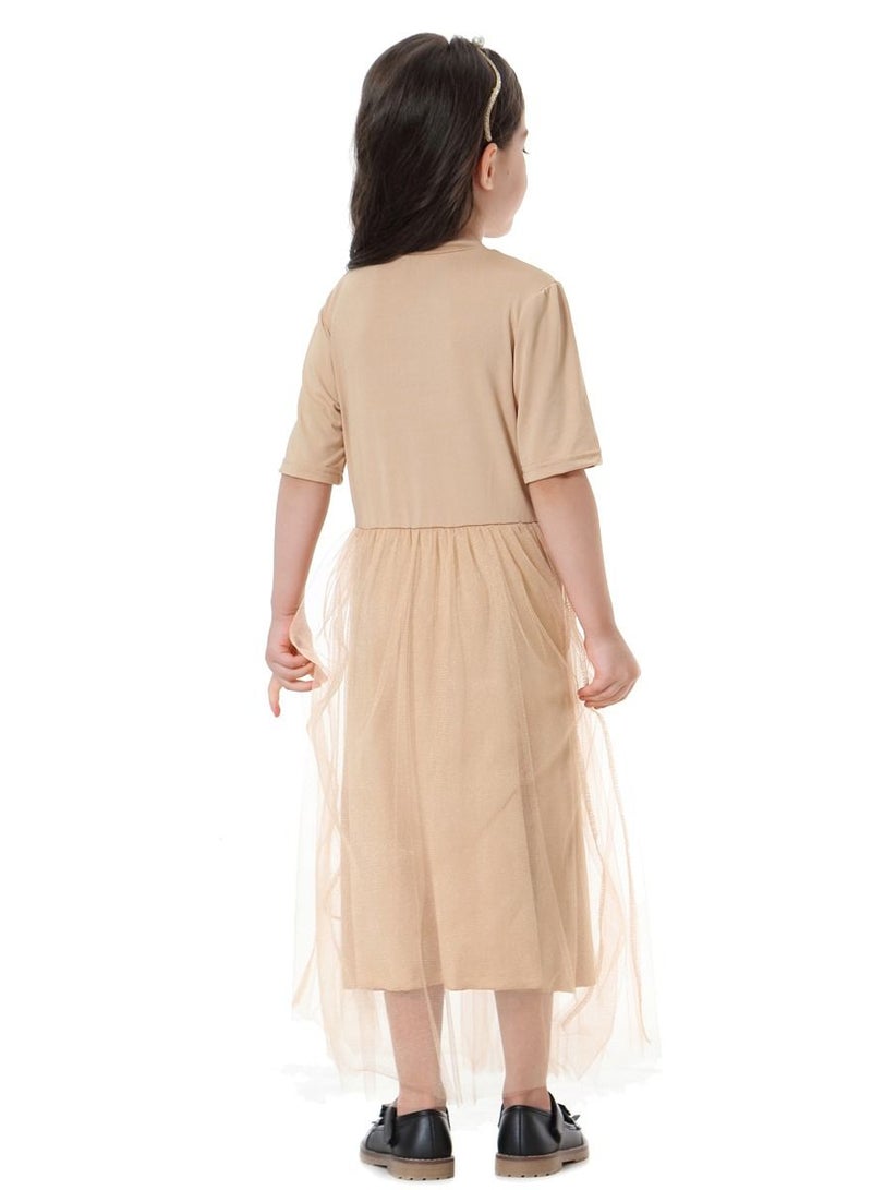 إسكدنيا Girl's Highly Elastic Solid Color Short Sleeve Mesh Dress Khaki  - Image 3