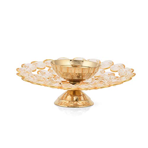 Ein Sof Akhand Diya Decorative Brass & Crystal Oil Lamp Tea Light Holder Lantern, 5 inches Wide Umbrella Shaped Diya Lantern (Gold and White) - Image 3