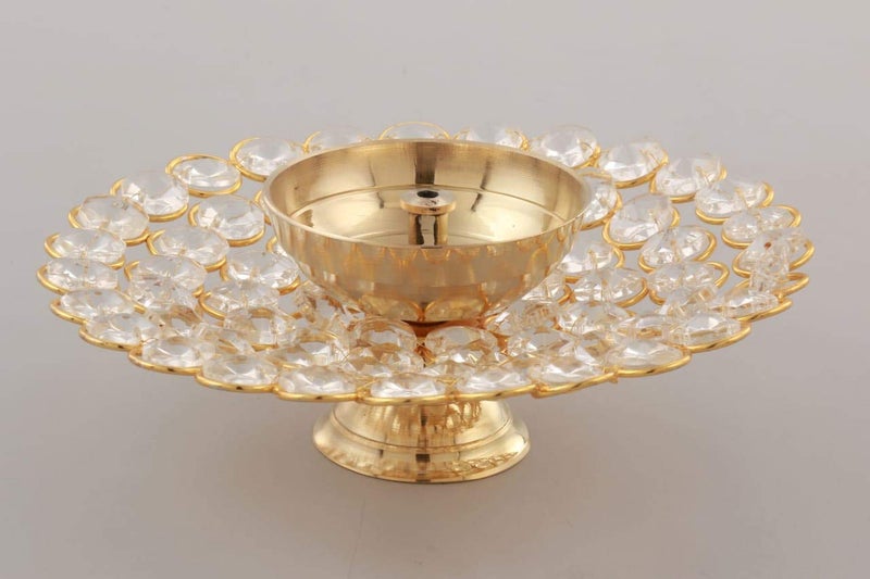 Ein Sof Akhand Diya Decorative Brass & Crystal Oil Lamp Tea Light Holder Lantern, 5 inches Wide Umbrella Shaped Diya Lantern (Gold and White) - Image 5