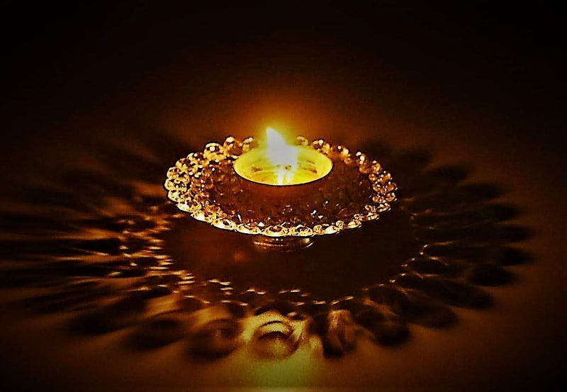 Ein Sof Akhand Diya Decorative Brass & Crystal Oil Lamp Tea Light Holder Lantern, 5 inches Wide Umbrella Shaped Diya Lantern (Gold and White) - Image 2