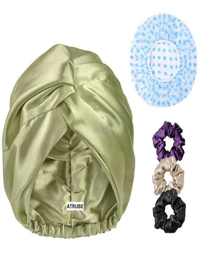 Atrube's Silk Satin Hair Bonnet Reversible Sleep Cap with adjustable tie band Shower Cap, Reusable waterproof elastic bathroom cap And Scrunchies Silk bonnet for hair (Green) - Image 1