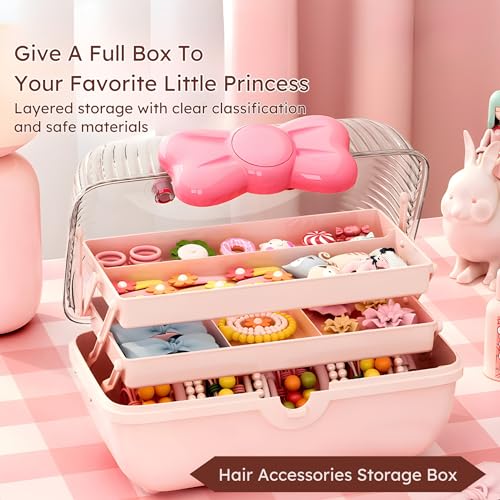 KREPS Plastic Hair Accessories Organizer Box, Hairribbon Storage Box Ribbon Box Multi-Purpose 3 Layer Organizer With Handles For Nail Hair Accessories Sewing Supplies Makeup Art Supplies (PINK) - Image 3