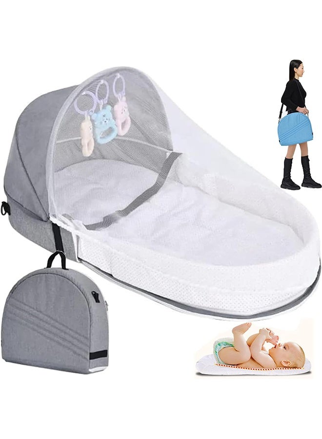 Beauenty Baby Travel Cot with Mosquito Net and Awning, Foldable Baby Tent, Washable Crib Bionic Travel Bed Breathable Cradle Cot, Portable Baby Cots, Foldable Baby Cots with Mosquito Net (Grey) - Image 1