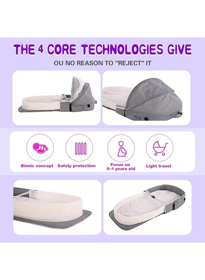 Beauenty Baby Travel Cot with Mosquito Net and Awning, Foldable Baby Tent, Washable Crib Bionic Travel Bed Breathable Cradle Cot, Portable Baby Cots, Foldable Baby Cots with Mosquito Net (Grey) - Image 5