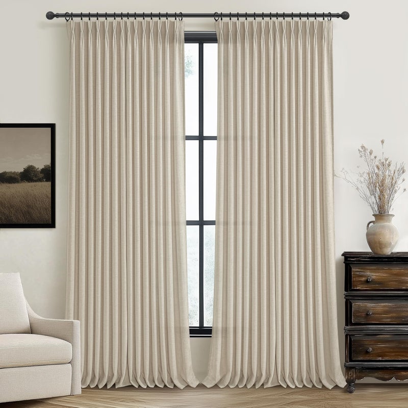 PleatedDrapes Warm Beige Extra Long Thick Burlap Sheer Curtains 108 Inches Long for Living Room, Farmhouse Country Pinch Pleat Flax Linen Window Drapes with Back Tab & Ceiling Track 9 FT Light Filtering Taupe Burg - Image 1