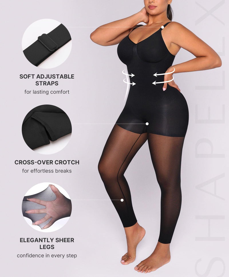 SHAPELLX Full Body Shapewear for Women Body Shape Tummy Control Sheer Footless Pantyhose Compression Tights Black Medium - Image 2