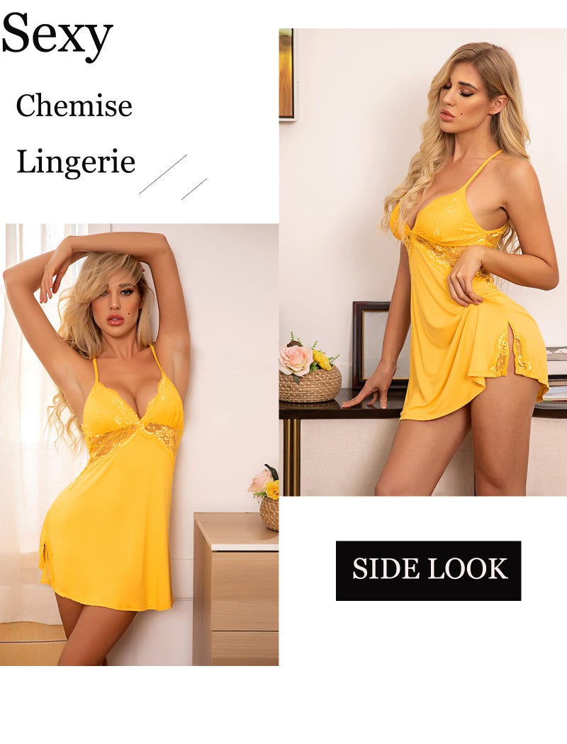Avidlove Women Lingerie Lace Chemise Sleepwear Babydoll Teddy Lingerie Yellow - Image 2