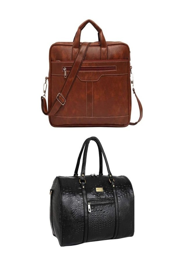 Treggo Men’s Leather Bag Set: 2 Piece Brown & Black Professional Combo - Large Laptop Briefcase fits 15.6 Inch & Crossbody Messenger Bag - Multi-Compartment Business Office & Travel Set - Image 1