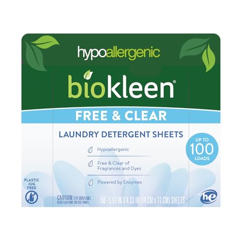 Biokleen Laundry Detergent Sheets - Dye & Fragrance Free, Hypoallergenic, Enzymatic Cleaner, Stain Remover, Bio Active Formula, No Plastic Jug, Unscented, 100 Loads - Image 1