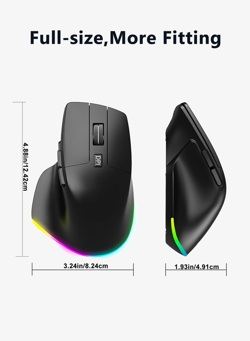 infino ماوس لاسلكي مريح، يدعم بلوتوث و2.4 جيجاهرتز، 6 إضاءات RGB، 3 مستويات DPI (800/1200/1600)، 6 أزرار، صامت، مناسب لأجهزة الكمبيوتر المحمولة، والكمبيوتر الشخصي، والأجهزة اللوحية - أسود - Image 4