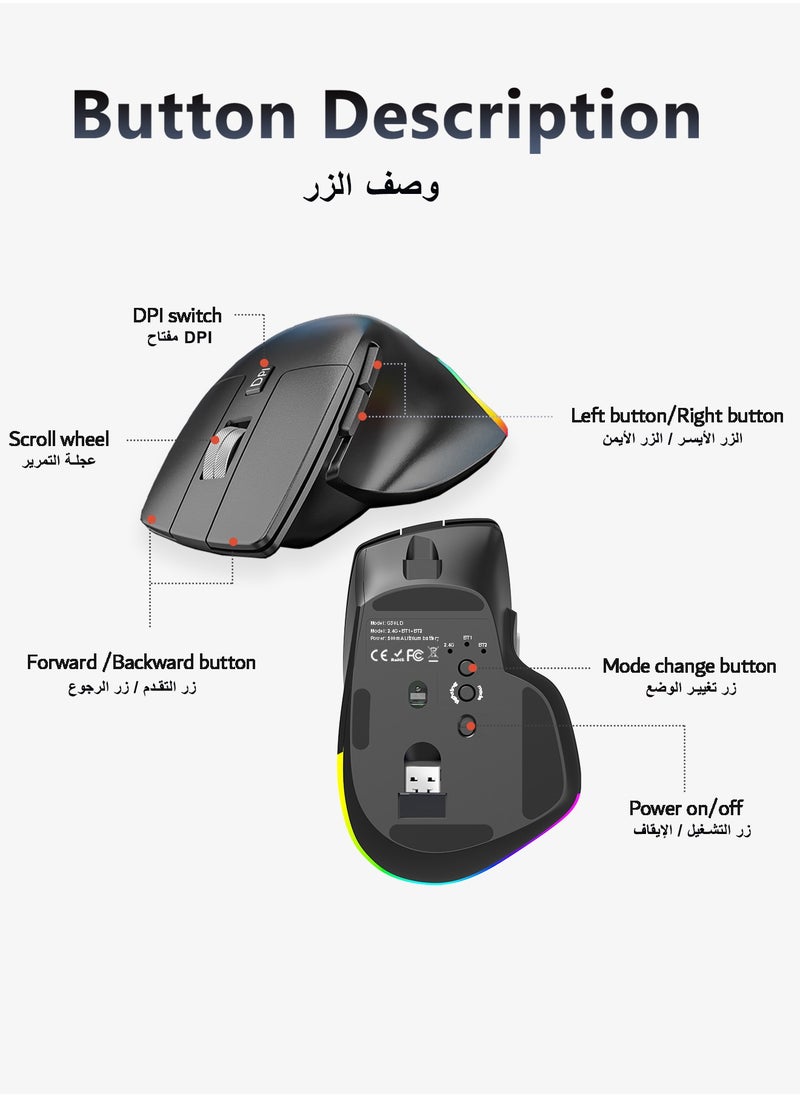 infino ماوس لاسلكي مريح، يدعم بلوتوث و2.4 جيجاهرتز، 6 إضاءات RGB، 3 مستويات DPI (800/1200/1600)، 6 أزرار، صامت، مناسب لأجهزة الكمبيوتر المحمولة، والكمبيوتر الشخصي، والأجهزة اللوحية - أسود  - Image 3