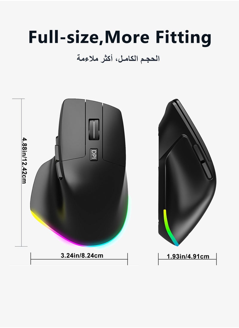 infino ماوس لاسلكي مريح، يدعم بلوتوث و2.4 جيجاهرتز، 6 إضاءات RGB، 3 مستويات DPI (800/1200/1600)، 6 أزرار، صامت، مناسب لأجهزة الكمبيوتر المحمولة، والكمبيوتر الشخصي، والأجهزة اللوحية - أسود  - Image 4