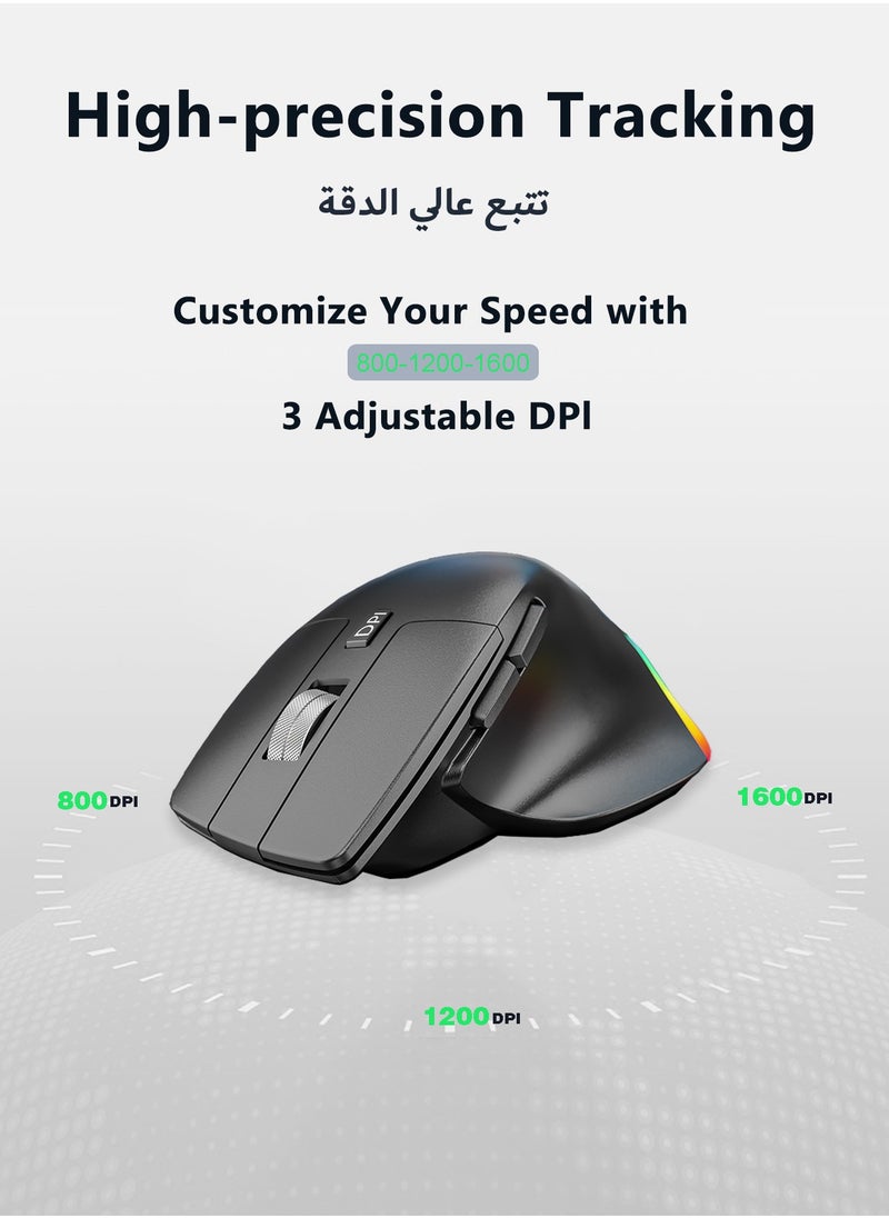 infino - Ergonomic Wireless Mouse, Tri-Mode Bluetooth & 2.4GHz, 6 RGB Lighting Modes, 3 DPI Levels 800/1200/1600, 6 Buttons, Silent for Laptop, PC, Tablet - Black - Image 1
