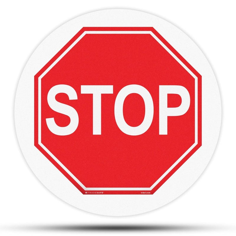 TRADESAFE Stop Anti-Slip Floor Sticker - Stop Decal Floor Sign, Peel and Stick Adhesive Vinyl Sign, ANSI-Compliant, 17” Diameter Round Sticker - Image 1